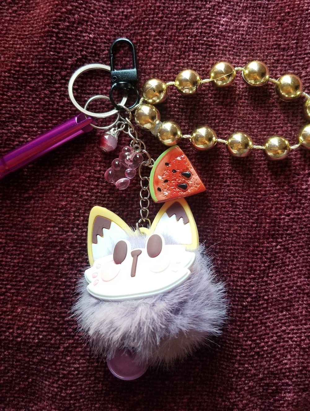 Purple Tanuki Fox Pom Pom Keychain with Watermelon Charm